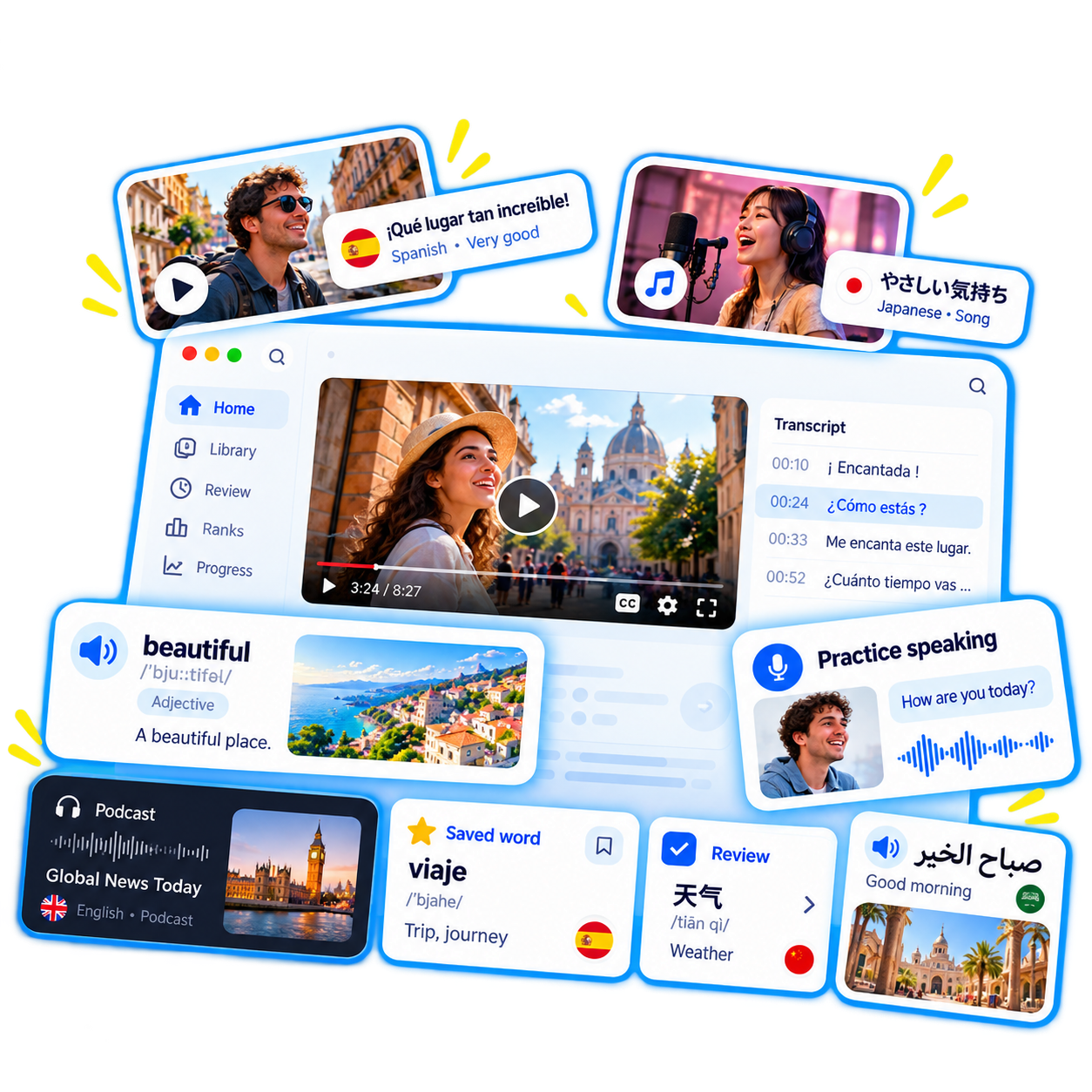GoLangIt tools for learning any language from videos, audio, speaking, and personal review